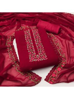Zeepkart - Vichitra Georgette Maroon Embroidered Thread Work Unstitched Dress Material (Set of 3)