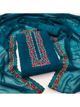 Zeepkart - Vichitra Georgette Turquoise Embroidered Thread Work Unstitched Dress Material (Set of 3)