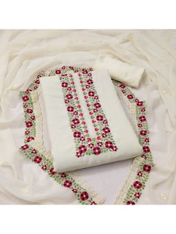 Zeepkart - Vichitra Georgette White Embroidered Thread Work Unstitched Dress Material (Set of 3)