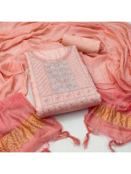 Zeepkart - Vichitra Banarasi Peach Embroidered Sequined Unstitched Dress Material (Set of 3)