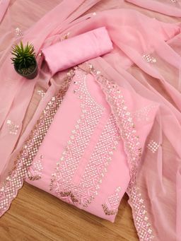 Zeepkart - Vichitra Georgette Pink Embroidered Sequined Unstitched Dress Material (Set of 3)