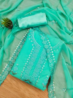 Zeepkart - Vichitra Georgette Aqua Embroidered Sequined Unstitched Dress Material (Set of 3)