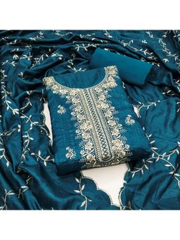 Zeepkart - Vichitra Silk Blend Blue Embroidered Unstitched Dress Material (Set of 3)