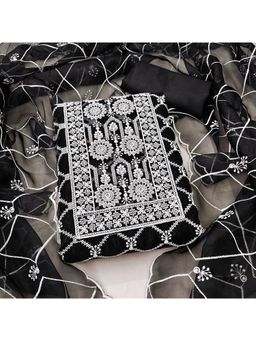 Zeepkart - Vichitra Organza Silk Black Embroidered Lace Work Unstitched Dress Material (Set of 3)