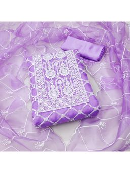 Zeepkart - Vichitra Organza Silk Lavender Embroidered Lace Work Unstitched Dress Material (Set of 3)