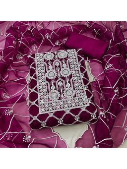 Zeepkart - Vichitra Organza Silk Purple Embroidered Lace Work Unstitched Dress Material (Set of 3)