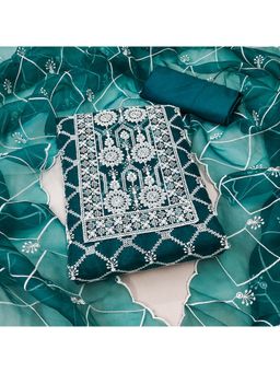 Zeepkart - Vichitra Organza Silk Blue Embroidered Lace Work Unstitched Dress Material (Set of 3)