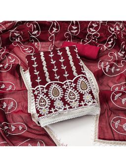Zeepkart - Vichitra Chanderi Maroon Embroidered Thread Work Unstitched Dress Material (Set of 3)