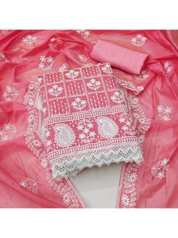 Zeepkart - Vichitra Chanderi Peach Embroidered Lace Work Unstitched Dress Material (Set of 3)