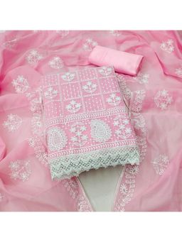 Zeepkart - Vichitra Chanderi Pink Embroidered Lace Work Unstitched Dress Material (Set of 3)