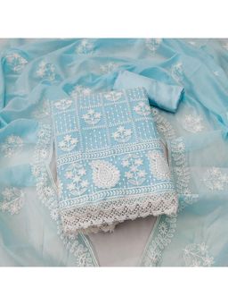 Zeepkart - Vichitra Chanderi Blue Embroidered Lace Work Unstitched Dress Material (Set of 3)