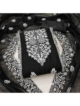 Zeepkart - Vichitra Chanderi Black Embroidered Thread Work Unstitched Dress Material (Set of 3)