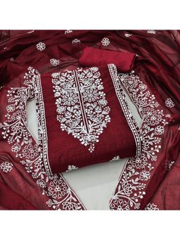 Zeepkart - Vichitra Chanderi Maroon Embroidered Thread Work Unstitched Dress Material (Set of 3)