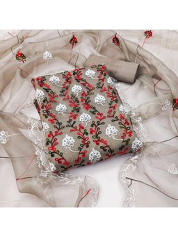 Zeepkart - Vichitra Organza Silk Grey Embroidered Lace Work Unstitched Dress Material (Set of 3)