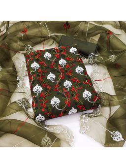 Zeepkart - Vichitra Organza Silk Olive Embroidered Lace Work Unstitched Dress Material (Set of 3)