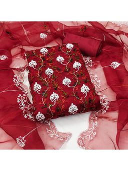 Zeepkart - Vichitra Organza Silk Maroon Embroidered Lace Work Unstitched Dress Material (Set of 3)