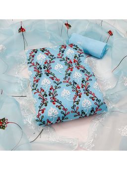 Zeepkart - Vichitra Organza Silk Turquoise Embroidered Lace Work Unstitched Dress Material (Set of 3)