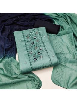 Zeepkart - Vichitra Cotton Blend Blue Embroidered Thread Work Unstitched Dress Material (Set of 3)