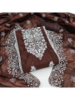 Zeepkart - Vichitra Chanderi Brown Embroidered Lace Work Unstitched Dress Material (Set of 3)