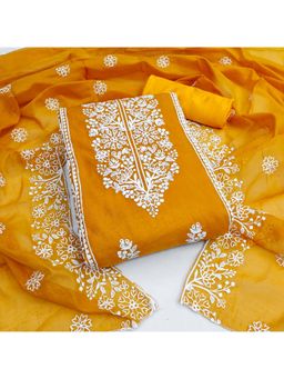 Zeepkart - Vichitra Chanderi Yellow Embroidered Lace Work Unstitched Dress Material (Set of 3)