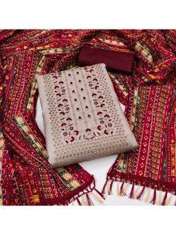 Zeepkart - Vichitra Cotton Blend Beige Embroidered Sequined Unstitched Dress Material (Set of 3)