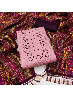 Zeepkart - Vichitra Cotton Blend Pink Embroidered Sequined Unstitched Dress Material (Set of 3)