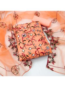 Zeepkart - Vichitra Organza Silk Orange Embroidered Lace Work Unstitched Dress Material (Set of 3)