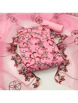 Zeepkart - Vichitra Organza Silk Pink Embroidered Lace Work Unstitched Dress Material (Set of 3)