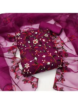 Zeepkart - Vichitra Organza Silk Purple Embroidered Lace Work Unstitched Dress Material (Set of 3)