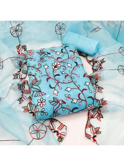 Zeepkart - Vichitra Organza Silk Turquoise Embroidered Lace Work Unstitched Dress Material (Set of 3)