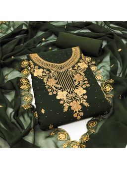 Zeepkart - Vichitra Georgette Olive Embroidered Sequined Unstitched Dress Material (Set of 3)