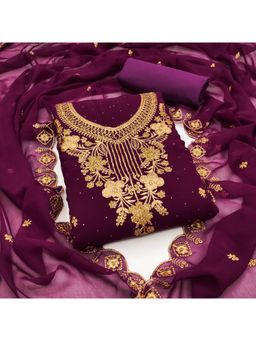 Zeepkart - Vichitra Georgette Purple Embroidered Sequined Unstitched Dress Material (Set of 3)