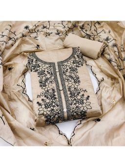Zeepkart - Vichitra Chanderi Beige Embroidered Thread Work Unstitched Dress Material (Set of 3)