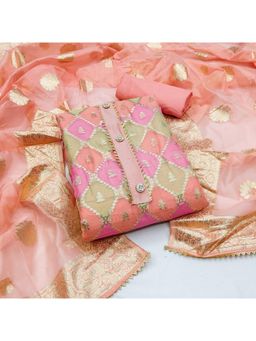 Zeepkart - Vichitra Organza Silk Peach Woven Unstitched Dress Material (Set of 3)