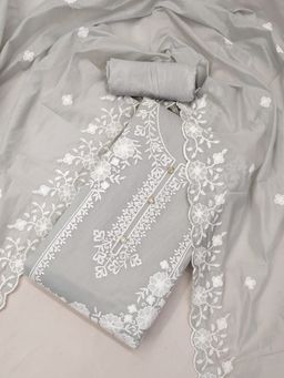 Zeepkart - Vichitra Chanderi Grey Embroidered Thread Work Unstitched Dress Material (Set of 3)