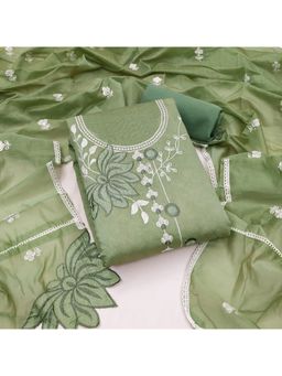 Zeepkart - Vichitra Organza Silk Green Embroidered Lace Work Unstitched Dress Material (Set of 3)