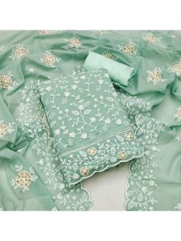 Zeepkart - Vichitra Chanderi Green Embroidered Thread Work Unstitched Dress Material (Set of 3)