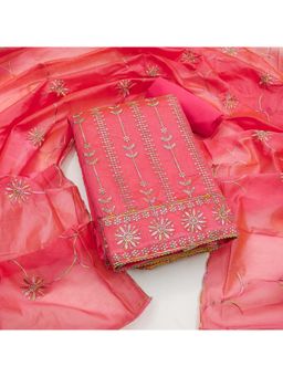 Zeepkart - Vichitra Chanderi Pink Embroidered Thread Work Unstitched Dress Material (Set of 3)