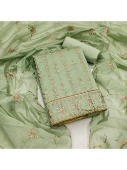 Zeepkart - Vichitra Chanderi Green Embroidered Thread Work Unstitched Dress Material (Set of 3)