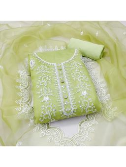 Zeepkart - Vichitra Organza Silk Green Embroidered Sequined Unstitched Dress Material (Set of 3)