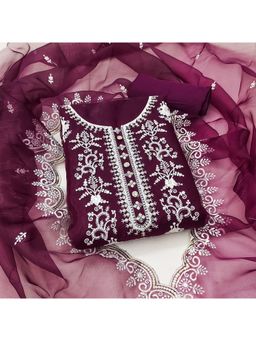 Zeepkart - Vichitra Organza Silk Purple Embroidered Sequined Unstitched Dress Material (Set of 3)