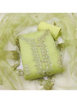 Zeepkart - Vichitra Organza Silk Green Embroidered Sequined Unstitched Dress Material (Set of 3)