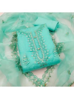 Zeepkart - Vichitra Organza Silk Turquoise Embroidered Sequined Unstitched Dress Material (Set of 3)