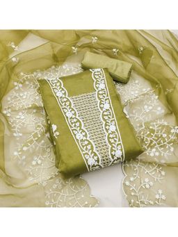 Zeepkart - Vichitra Organza Silk Olive Embroidered Thread Work Unstitched Dress Material (Set of 3)