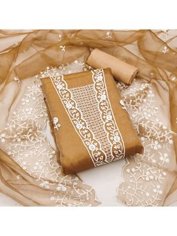 Zeepkart - Vichitra Organza Silk Brown Embroidered Thread Work Unstitched Dress Material (Set of 3)