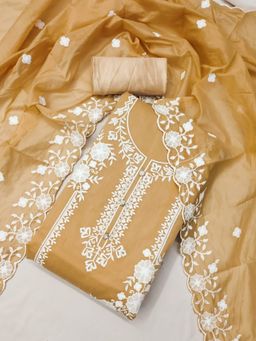 Zeepkart - Vichitra Chanderi Beige Embroidered Thread Work Unstitched Dress Material (Set of 3)