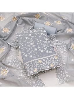Zeepkart - Vichitra Chanderi Grey Embroidered Thread Work Unstitched Dress Material (Set of 3)