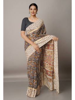 Unnati Silks - Multi Pure Kalamkari Block Printed Silk Saree with Unstitched Blouse