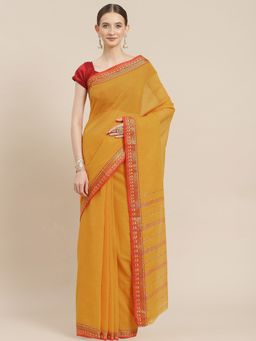 ISHIN - Womens Cotton Blend Mustard Solid Woven Design Saree with Unstitched Blouse