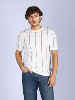 Lee - Men Beige Pure Cotton Stripes Regular Fit T-Shirt